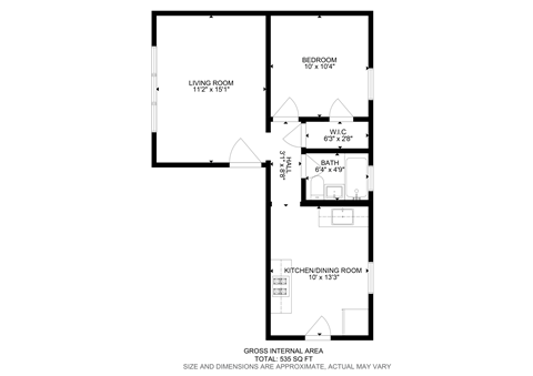 Floor plan for 1 bed, 1 bath, 700 sqft